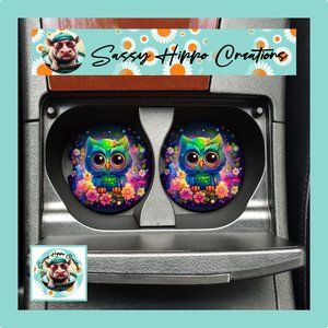 Car Coasters Neon Owl Colorful Flowers Set of 2 Neoprene Absorbent Sassy Hippo